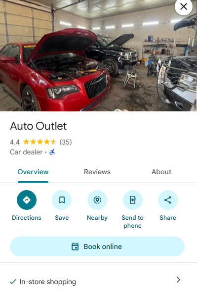 Google Maps shop listing with a Book online button so customers can schedule from Search or Maps